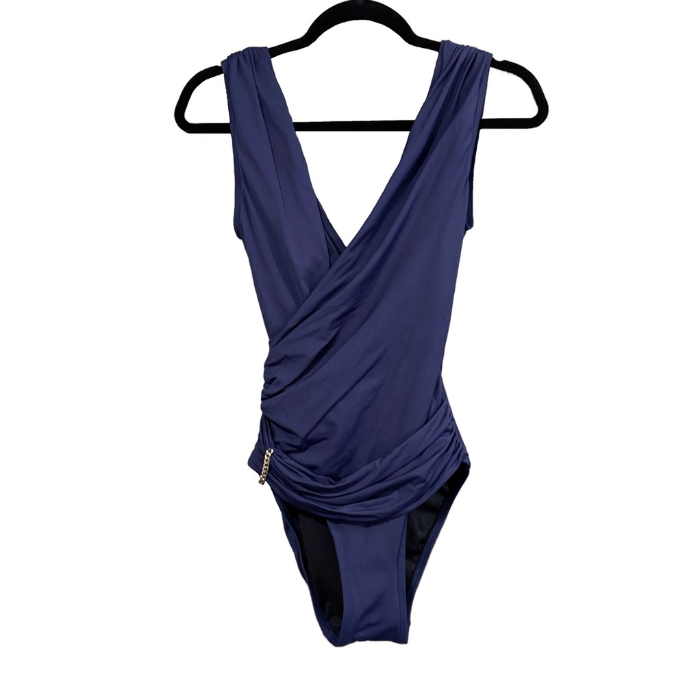 Vince Camuto Navy Blue Shirred Draped Surplice One Piece Swimsuit Size 4